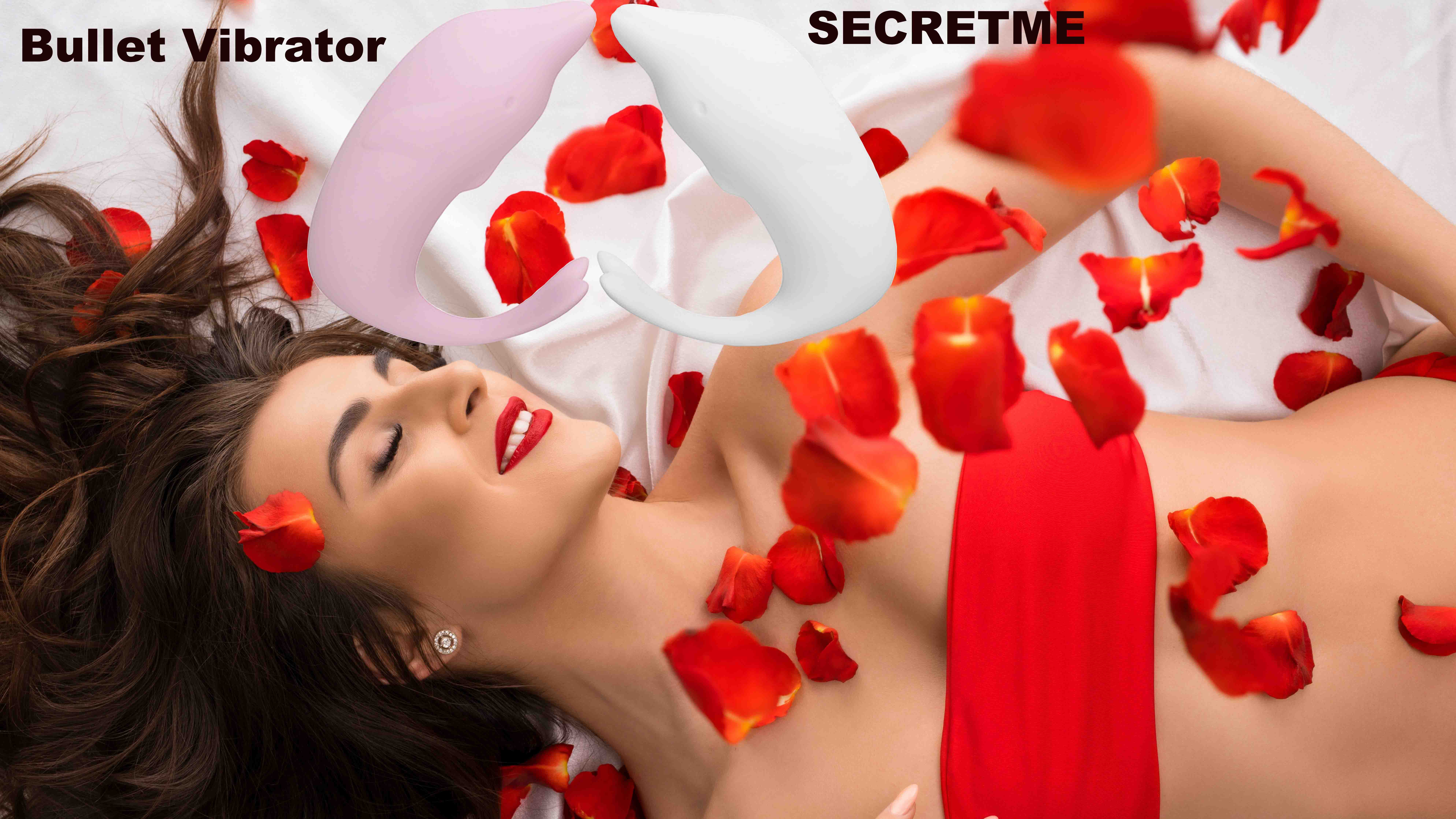 Brunette in red top on bed with flying rose petals high angle shot high angle shot