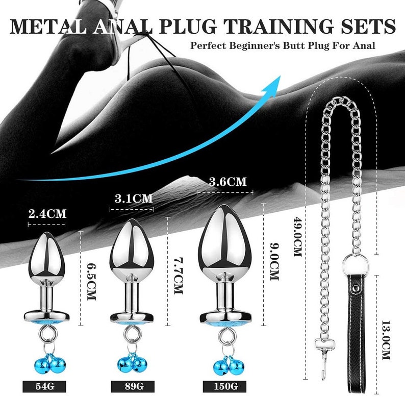 Heart Shaped Butt Plug for Woman, Three Sizes Metal Jeweled Anal Plug with Bell and Traction Chain, Training Butt Plug Sex Toy (2)