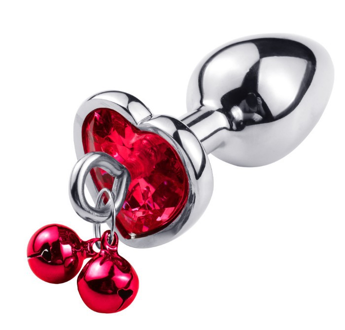 Heart Shaped Butt Plug for Woman, Three Sizes Metal Jeweled Anal Plug with Bell and Traction Chain, Training Butt Plug Sex Toy (3)